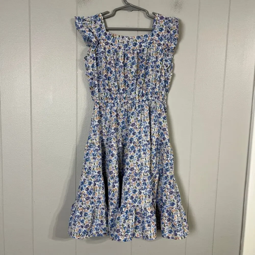 Hayden Girls Size S Blue Tiered Ruffle Sleeve Dress Square Neck